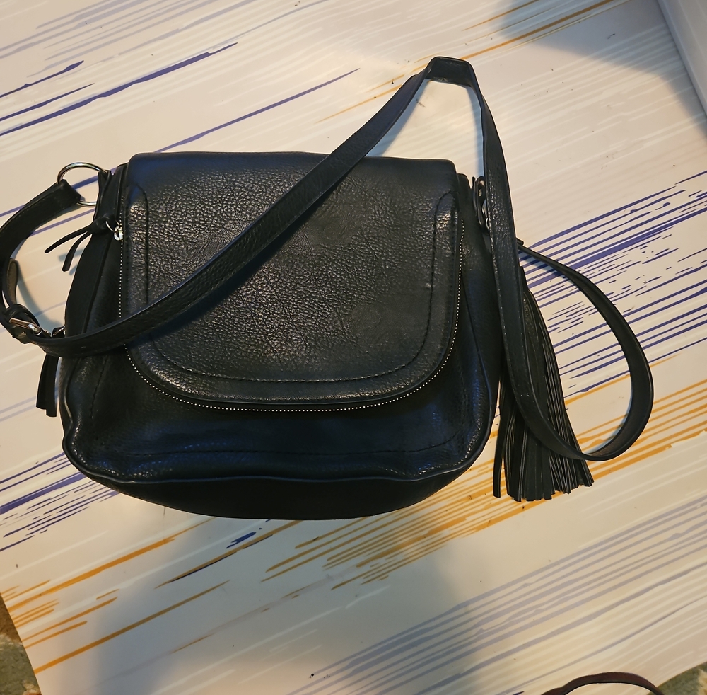 Black Leather Crossbody Bag with Tassel